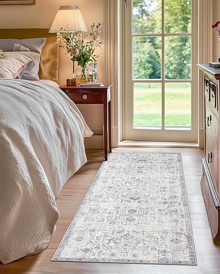 jinchan Kalen Runner Rug 2x5 Washable Hallway Rug Vintage Indoor Thin Retro Floor Cover Distressed Gray Floral Country Lightweight Non Slip Carpet for Entryway Bathroom Bedroom Living Room Grey