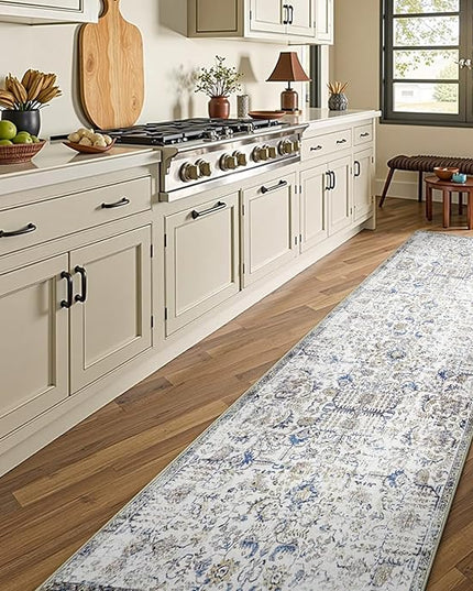 jinchan Kalen Runner Rug 2x10 Washable Hallway Rug Vintage Runner Indoor Floor Cover Thin Retro Distressed Floral Country Non Slip Carpet for Entryway Bathroom Bedroom Living Room Stairway Blue