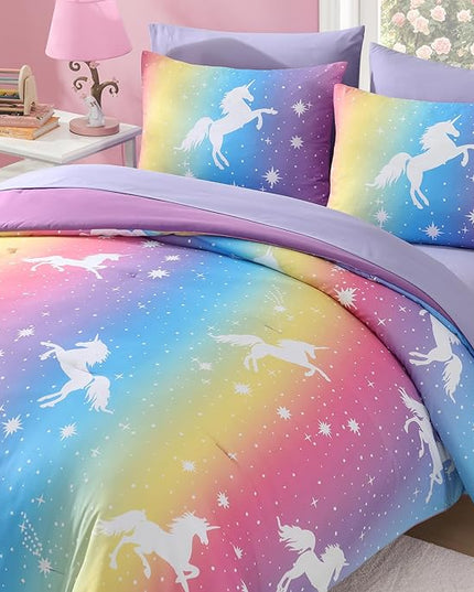 Twin Comforter Set for Girls-5 Pieces Rainbow Unicorn Twin Bedding Sets for Kids, Ultra Soft Bed in A Bag with Sheets