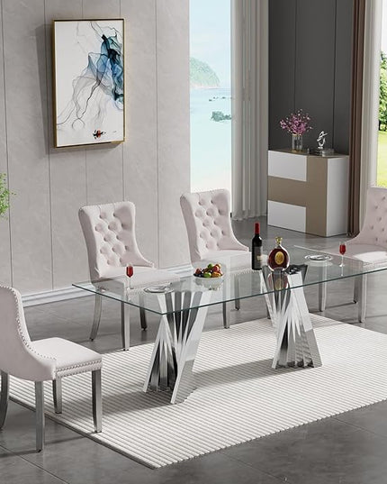 5 Piece Glass Dining Table Set,70" Dinner Room Glass Table Set for 4,Modern Kitchen Dinner Table Set with Stainless Steel Base and 4 Upholstered Velvet Dining Chairs for Living Dining Room