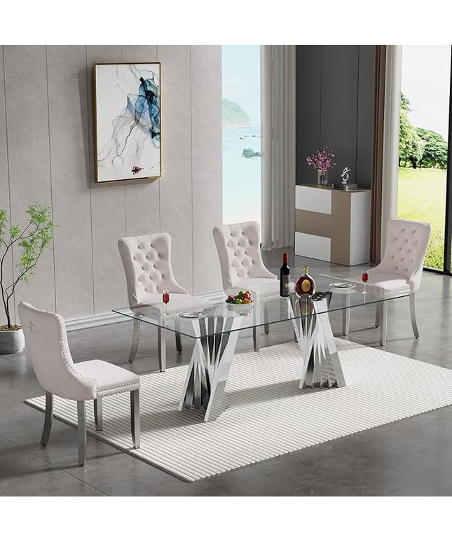 5 Piece Glass Dining Table Set,70" Dinner Room Glass Table Set for 4,Modern Kitchen Dinner Table Set with Stainless Steel Base and 4 Upholstered Velvet Dining Chairs for Living Dining Room