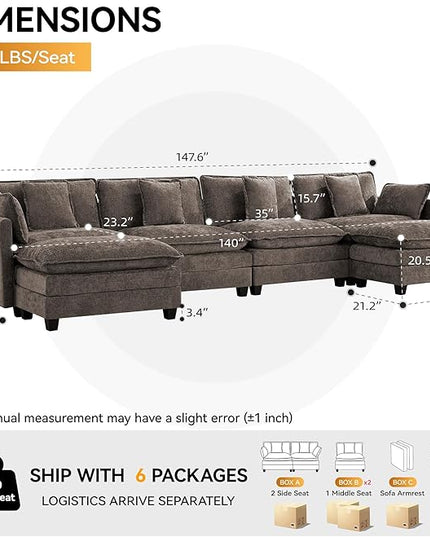 147'' Sectional Cloud Deep Seat Couch, Oversized Chenille U Shaped Sectional Sofa for Living Room Set, Comfy Upholstered Modular Sectional Sofa Couch with Movable Ottoman, Brown
