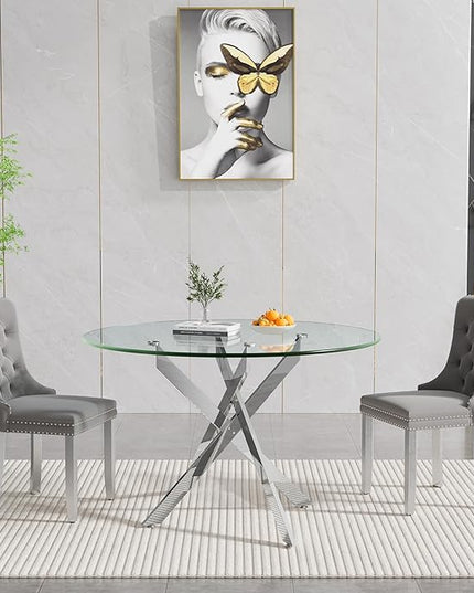 HomVent 3 Piece Round Glass Dining Table Set, Tempered Glass Dinner Table Set for 2 Kitchen Table Set with 2 Velvet Upholstered Chairs for Kitchen Dining Room