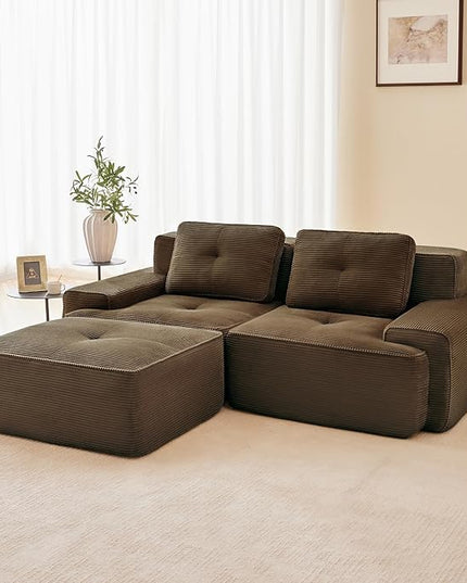 82" Convertible Modular Couches, Deep Seat L Shaped Sofas for Living Room, Modern 2 Seater Love Seat Sofa with 1 Ottoman for Small Space, Comfy Cloud Sectional Sofa Set, Corduroy Fabric Brown