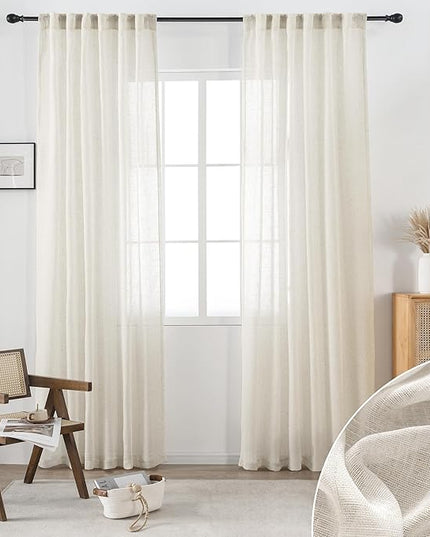 Linen Cream Sheer Curtains 72 Inch Length for Bedroom Pair Set 2 Panels Back Tab Loop Rod Pocket Light Filtering Semi Sheer Thick Soft Woven Textured Curtains for Sitting Room Family Living Area 52x72