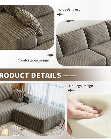 168.5" Modular Sectional Sofa, Oversized U-Shaped Minimalist Couches with 3 Middle Seats Chaise, Modern Deep Seat Convertible Sleeper Sofa, Cloud Plush Corduroy Fabric,7 Seater, Camel