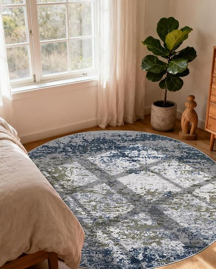 Modern Abstract 6x6 Round Area Rug Non Slip Non Shedding Rug Low Pile Stain Resistant for Bedroom Living Room Office Dining Room,Navy