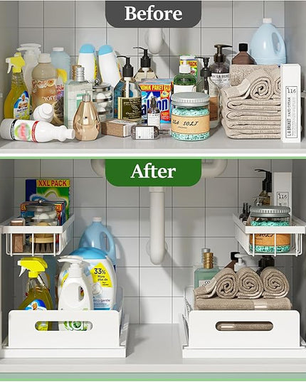 REALINN Under Sink Organizer, Pull Out Cabinet Organizer 2 Tier Slide Out Sink Shelf Cabinet Storage Shelves, Storage for Kitchen Bathroom, White, 2 Pack