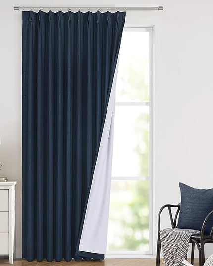 Vision Home Navy Blue Pinch Pleated Full Blackout Curtains Linen Blended Room Darkening Window Curtains 120 inch for Living Room Bedroom Thermal Insulated Pinch Pleat Drapes with Hooks 60" Wx120 Lx1