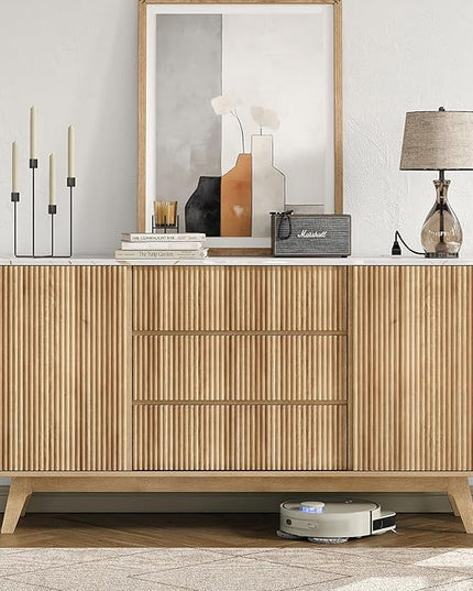 62" W Fluted Buffet Cabinet with Sliding Doors, Modern Sideboard Storage Cabinet with Power Outlet & 3 Drawers, Mid-Century Coffee Bar Table for Living Room, Dinning Room, Natural
