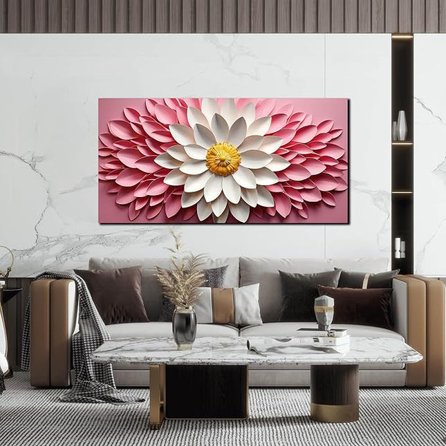 Ouzzlie Flower Canvas Wall Art for Living Room Bedroom Home Office Pink Picture Art Modern Large Floral Wall Decor Prints White Artwork 24" x 48"