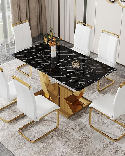 63” Dining Room Table Set for 6,Modern Gold Dining Table Set for 6, Rectangle kitchen Table Set With PU Leather Chairs,Black Faux Marble Dinner Table Set with Tempered Glass Top and Golden Base