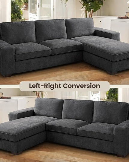 PARKOL 102" L-Shaped Sectional Couch with Storage, Sofa with Reversible Chaise, USB Type-C Charging, Chenille Fabric, Removable Cushion Covers, for Small Space, Apartment, Living Room, Dark Gray