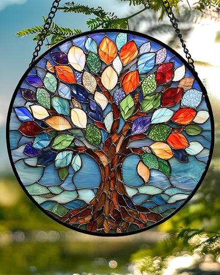 Stained Glass Window Hanging, Colorful Tree of Life Sun Catchers Glass Panel Blue Suncatcher Decor for Birthday for Women, Men, Wife, Aunt, and Mom 14.9x14.9 in