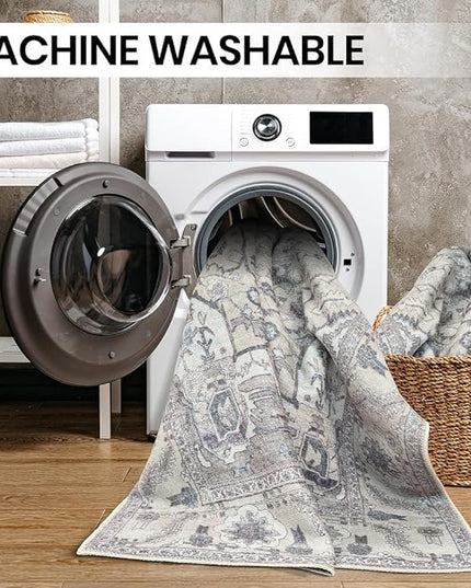GLN Rugs Bohemian Collection - Machine Washable Area Rug, Bohemian Vintage, Non Slip, Low Pile Chenille Rug, Living Room, Bedroom, Bathroom Rug (4'x6' Beige and Gray)