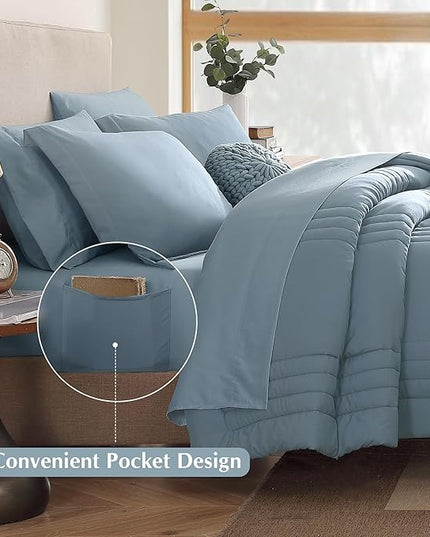 Monbix Queen Comforter Set - 7 Pieces Dusty Blue Bed in a Bag Queen Bedding Sets with Comforters, All Seasons Comforter Bed Set with Sheets, Pillowcases & Shams