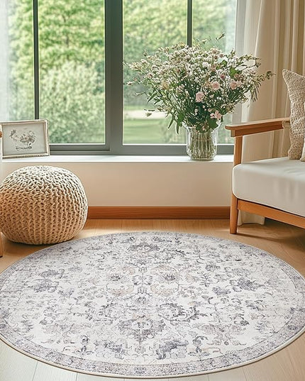 jinchan Kalen Round Rug 4ft Area Rug Washable Vintage Indoor Retro Entryway Floor Cover Distressed Gray Floral 4' Round Circle Boho Non Slip Thin Carpet for Bedroom Living Room Dining Room Grey