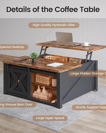 SEDETA 31.5" Lift Top Coffee Table with Storage, Square Coffee Tables for Living Room, Farmhouse Coffee Table with Large Hidden Storage Compartment and Adjustable Shelves, Black