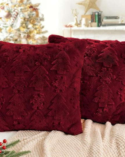 Touchat Christmas Pillow Covers 18x18, Soft Faux Rabbit Fur Throw Pillow Covers with 3D Embroidery Christmas Tree and Snowflake Design for Winter Holiday Home Decor, Couch Sofa Bedroom, Red
