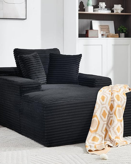 67" Boneless Chaise Lounge Chair,Indoor Corduroy Oversized Sleeper Sofa w/9.9'' Wide Armrest & 3 Soft Pillows, Convertible Boneless Sofa Bed - 2-in-1 Chair & Ottoman for Reading, Living Room,Black