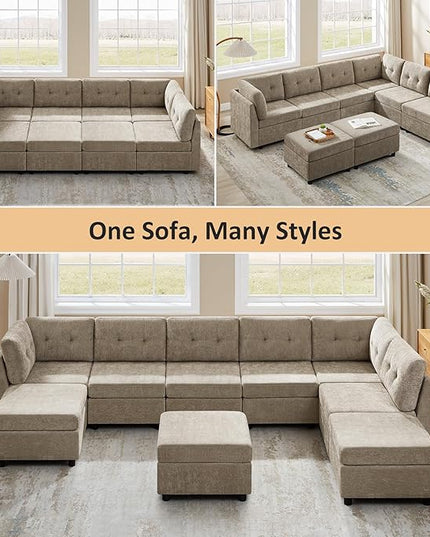 VANOMi 118 Inch Cloud Modular Sectional Sofa with 2 Ottomans, 8 Seat Cloud Sectional Sofa Bed, Chenille Sofas & Couches for Living Room, Apartment, Office, Camel