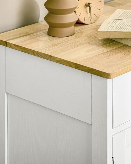 HOMCOM Sideboard with Solid Wood Countertop, Modern Kitchen Storage Cabinet, Coffee Bar Cabinet with 2 Drawers, Doors and Adjustable Shelf, Distressed White