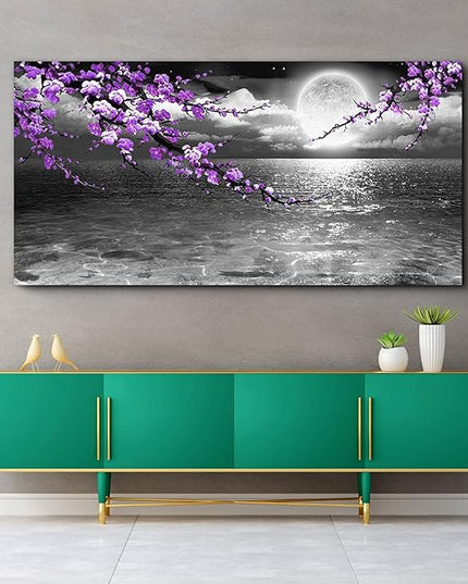 Large Purple Wall Art Decor for Living Room Bedroom Framed Black and White Seascape Full Moon Purple Flower Painting Canvas Picture Modern Hand-Painted Plum Blossom Artwork for Home Office