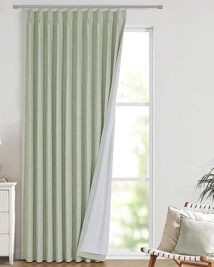 Vision Home Soft Green Pinch Pleated Full Blackout Curtains Linen Blended Room Darkening Window Curtains 120 inch for Living Room Bedroom Thermal Insulated Pinch Pleat Drapes with Hooks 60" Wx120 Lx1