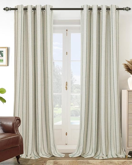 DriftAway Farmhouse Linen Blend Blackout Curtains 90 Inches Long for Bedroom Vertical Striped Printed Linen Curtains Thermal Insulated Lined Treatments for Living Room 2 Panels W52 x L90 Loden Green