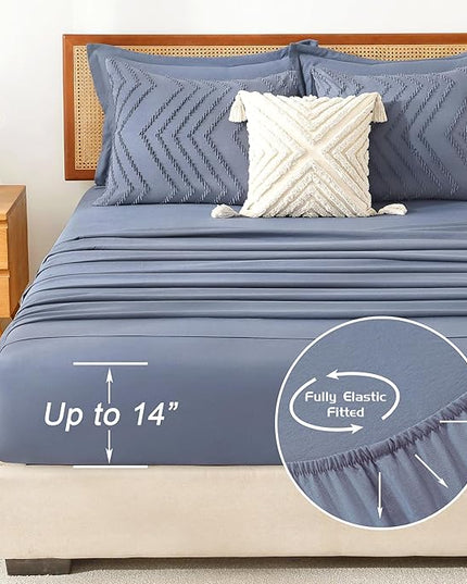 Litanika Queen Size Comforter Set with Sheets Bluish Grey - 7 Pieces Bed in a Bag Queen Chevron Tufted Complete Bedding Sets with Comforter, Sheets, Pillowcases & Shams