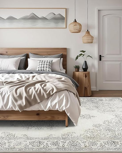 ReaLife Rugs Machine Washable Area Rug - Living Room Bedroom Bathroom Kitchen Entryway Office - Padded Low Pile Stain Resistant Premium - Boho Farmhouse Vintage - Paige - Ivory 7'6" x 9'6"
