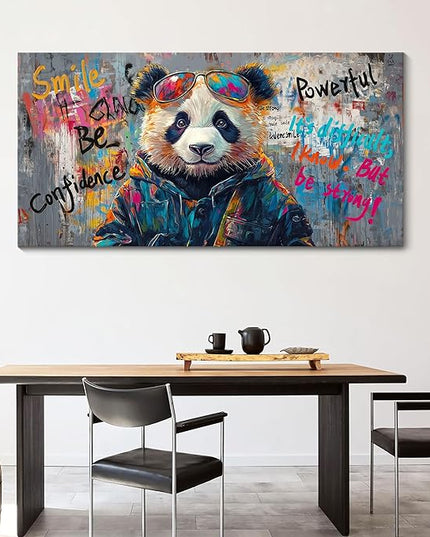 JEAWA Large Canvas Wall Art, Funny Panda Abstract Graffiti Street Art Pop Wall Picture Black and White Paintings Ready to Hang Living Room Bedroom Study Home Office Inspirational Decor 29x58 IN
