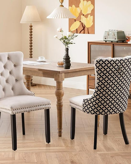 SoarFlash Velvet Dining Chairs Set of 2, Tall Back Side Chair, Modern Upholstered Side Chair with Button Back Ring, Solid Wood Legs (White&Plaid)