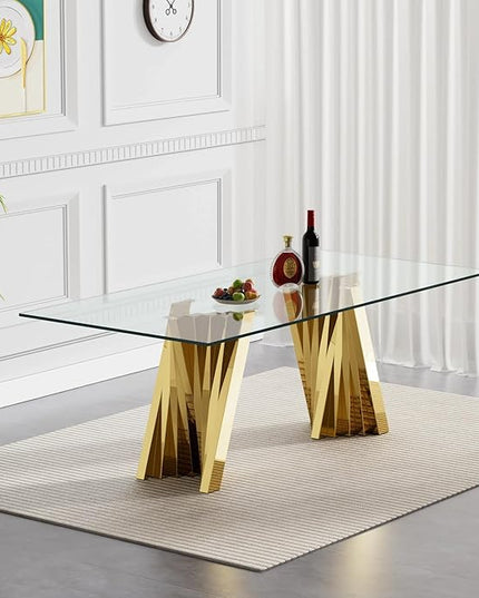 7 Piece Dining Table Set with 6 Grey Dining Chairs, Modern Glass Kitchen Table and Chairs Set for 6, 70" Rectangle Gold Glass Pedestal Dining Room Tables with Flash-Shape Stainless Steel Base