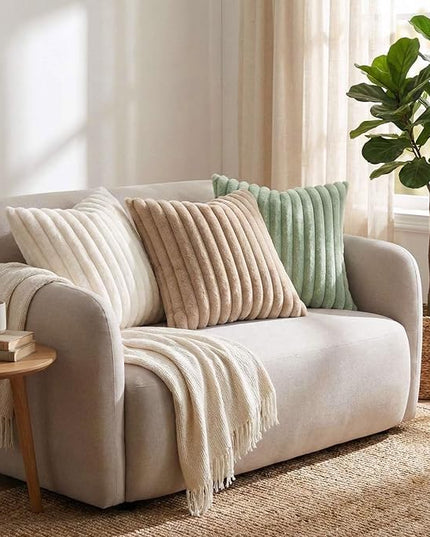 Pallene Faux Fur Plush Throw Pillow Covers 18x18 Set of 2, Luxury Soft Fluffy Striped Decorative Pillow Covers for Sofa, Couch, Living Room, Sage Green