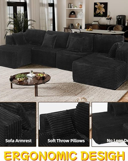 132" U Shaped Boneless Couch, Cloud Sectional Modular Sofa with Double Chaise Lounge, Flannel Cloud Couch with Pillows & Deep Seat, Boneless Sofa for Living Room, Flannel Black