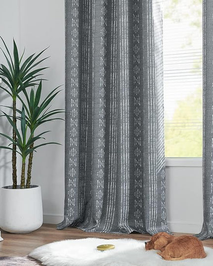 jinchan 95% Blackout Boho Curtains 84 Inches Long for Bedroom White on Grey Geometric Printed Grommet Top Room Darkening Thermal Insulated Window Drapes 2 Panels