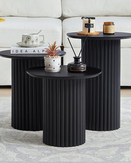 Round Nesting Coffee Table Set of 3,Mid Century Modern Fluted Coffee and End Table Set,Small Circle Wooden Side Table Drink Table for Living Room (Black)