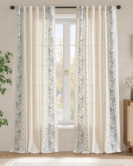 jinchan Winslow Linen Curtains 96 inches Long for Bedroom Embroidered Bordered Floral Curtains for Living Room Farmhouse Decor Light Filtering Window Treatments Blue on Beige Drapes 2 Panels