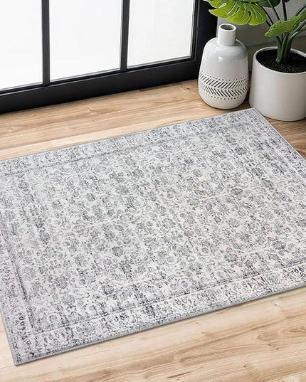 2x3 Washable Rugs Grey Blue White Small Area Rug for Entryway, Soft Non-Slip Indoor Door Mat Distressed Floral Low-Pile Neutral Vintage Carpet for Dorm Entrance Bedside Farmhouse