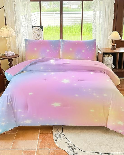 Rainbow Bedding Set Full Size – 5 Piece Reversible Girls Comforter with Deep-Pocket Sheet, Gradient Galaxy Design, Whole-Piece Filling, Machine Washable Bed-in-a-Bag for Kids Room Makeover & Gifts