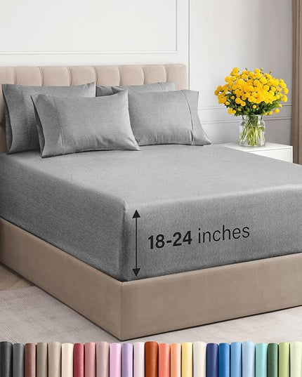 Extra Deep Cal King Sheet Set - 6 Piece Breathable & Cooling Sheets - Hotel Luxury Bed Sheets Set - Easy Fit - Soft, Wrinkle Free & Comfy Sheets Set - Heathered Grey Sheet Set w/Extra Deep Pockets