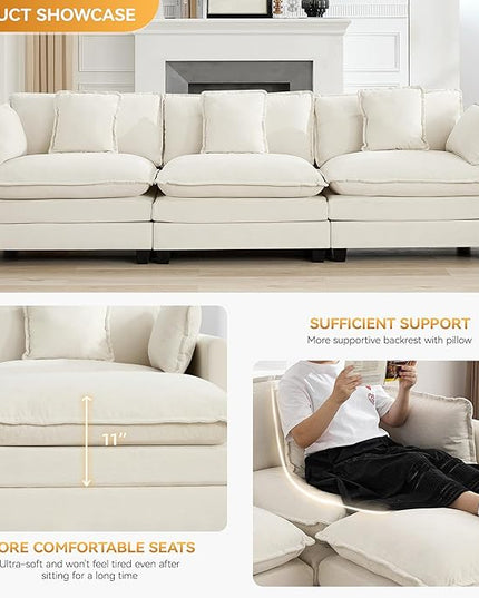 111'' Sectional Cloud Deep Seat Couch, Modern Comfy Chenille Modular Sectional Sofa for Living Room Set, Upholstered Modular 3-Seats Sofa Couch, Beige