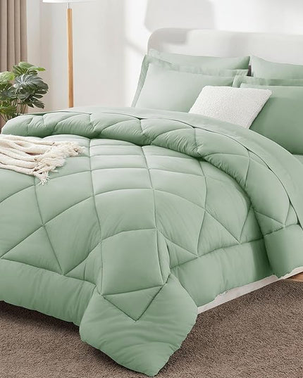 CozyLux Queen Comforter Set Sage Green - Bed in a Bag Queen Size 7 Pieces, Luxury Soft Bed Set for All Seasons, Bedding Set with Down Alternative Comforter, Sheets, Pillowcases & Shams