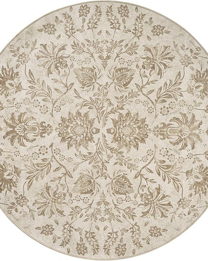 jinchan Torino Classic Floral Round Rug 8ft, Vintage-Inspired Neutral Design 8’Circle Rug, Machine Washable Ultra-Thin Low-Pile Non-Slip Indoor Carpet for Bedroom Dining Room Living Room, Taupe