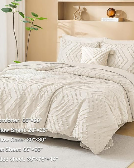 Litanika Twin Comforter Set with Sheets Beige - 5 Pieces Boho Tufted Shabby Chic Bed in a Bag, Fluffy Soft Farmhouse Bed Set for All Seasons