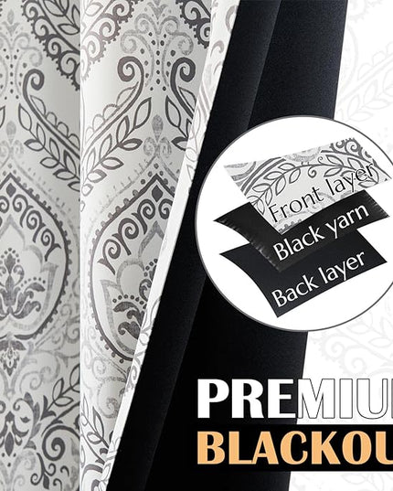 jinchan Blackout Curtains 90 Inch Length 2 Panels Grey Damask Medallion Window Curtains for Bedroom Grommet Thermal Insulated Drapes for Living Room Vintage Luxury Window Treatments Set