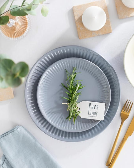 Stoneware Dinnerware Set for 4 People HYGGE 12-Piece - Elegant Scandi Design - Premium Dish Set - Bowl and Plate Set - Tableware for 4 People in a Ribbed Design - Pure Living in Gray-Blue