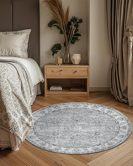 jinchan Fiora Round Rug 4ft Area Rug - Indoor Vintage Hallway Circle 4' Washable - Ultra-Thin Low Pile Soft Small Non Slip Distressed Floral Print for Living Room Dining Room Bedroom Entryway Grey