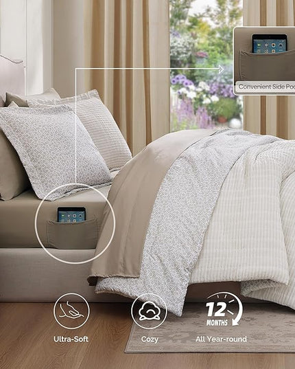 King Comforter Set - 7 Pieces Beige Gauze Muslin Bedding Sets for All Seasons, Lightweight Breathable Bed in a Bag King with Revesible Farmhouse Comforter, Sheets, Pillowcases & Shams